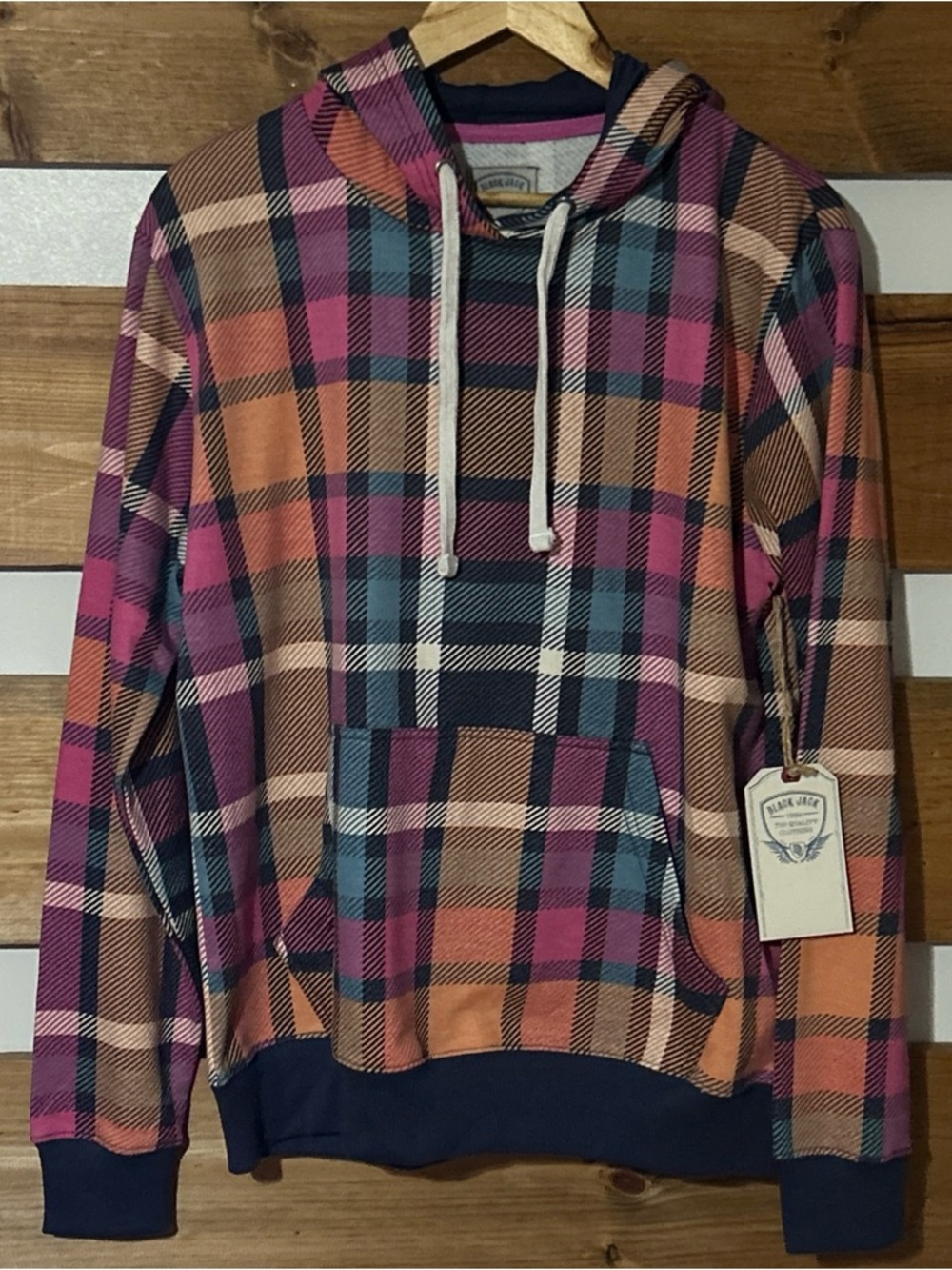 NWT Black Jack Pastel Plaid Hoodie w/Drawstring Front Pocket Women's Size L